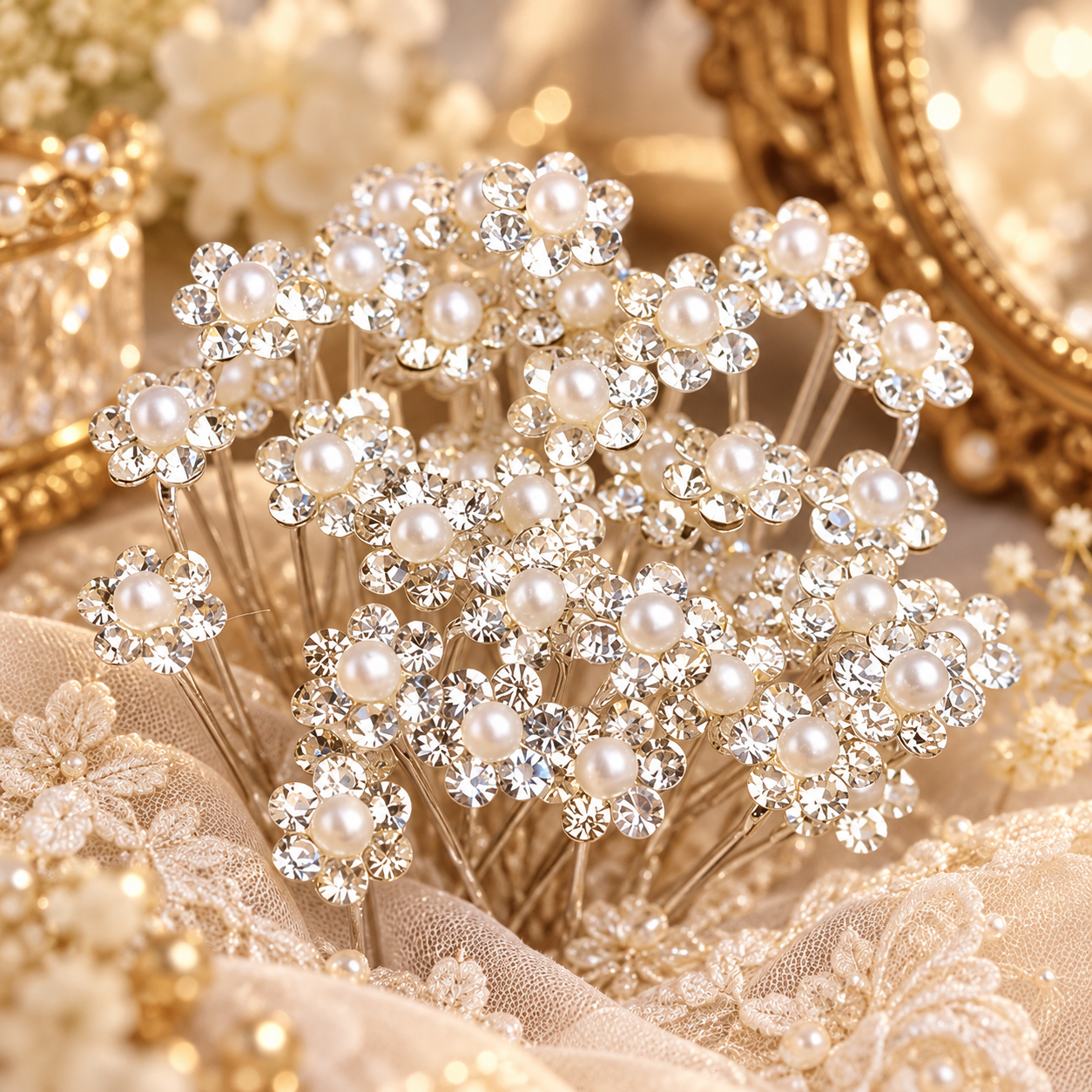 Crystal & Pearl Floral Hair Pins — 20 Piece Set